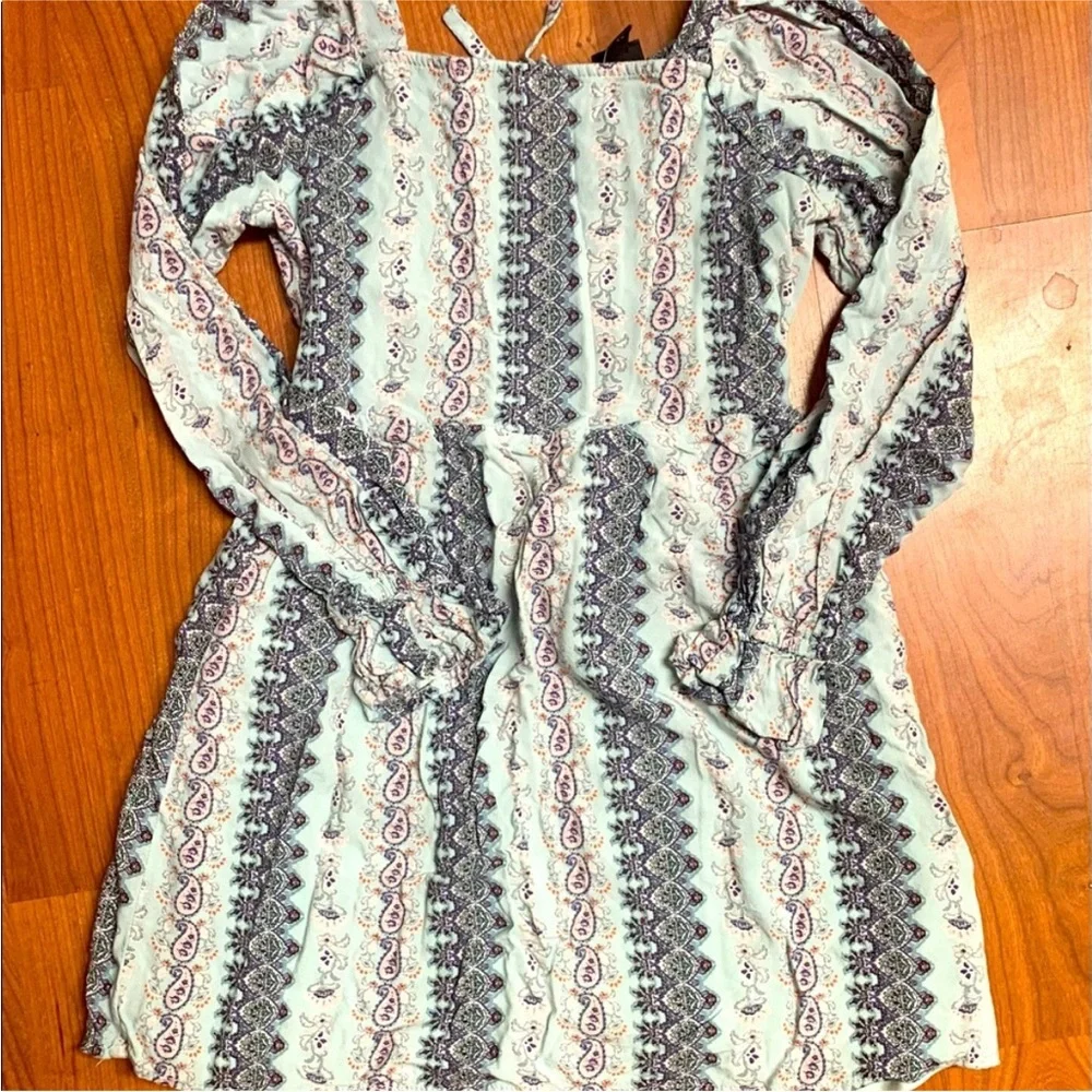 Art Class Gray and White Fit and Flare Dress with Bishop Sleeves